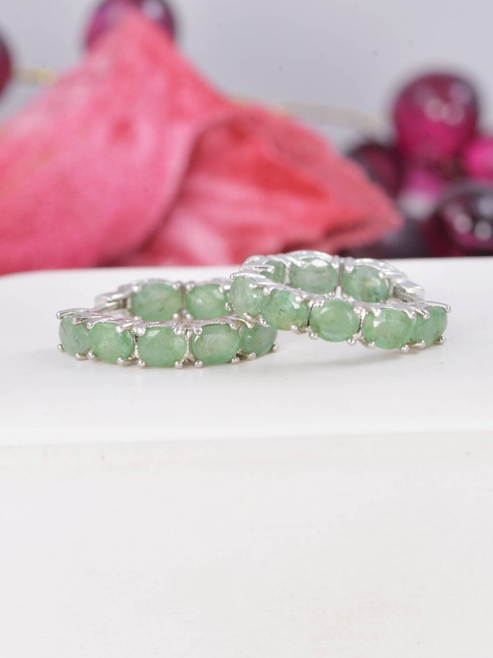 Natural Genuine Emerald Inside Out Hoop Earrings 925 Sterling Silver